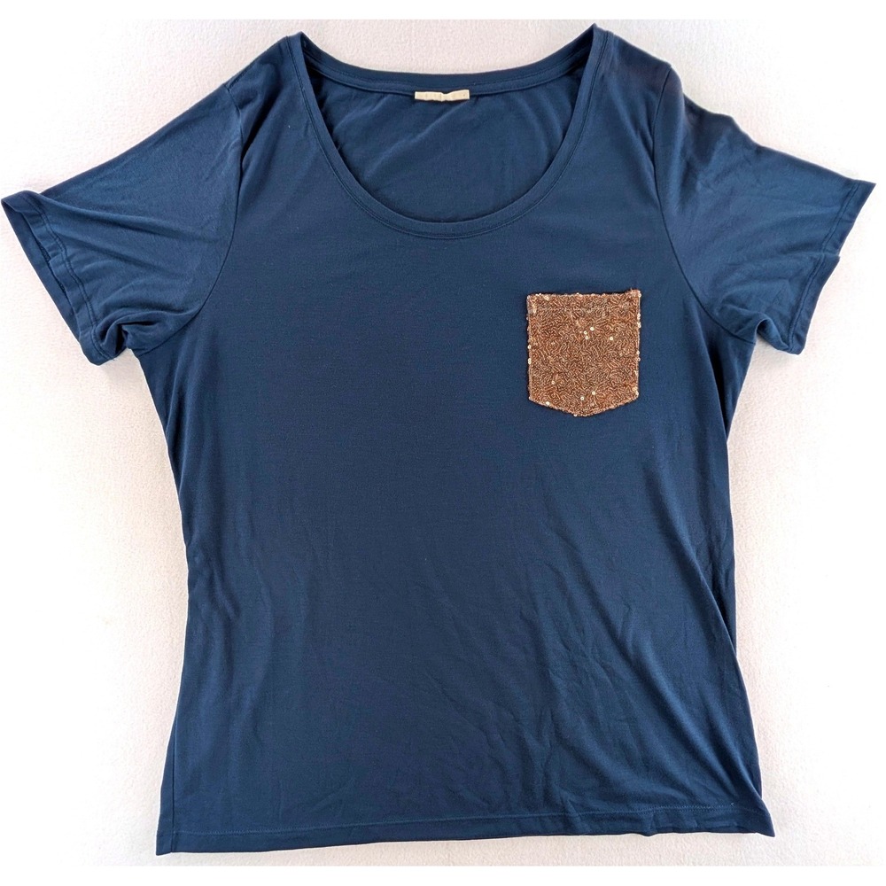 Cheeky's Womens XX 2XL Navy Blue Sequin Pocket Scoop Neck T-Shirt